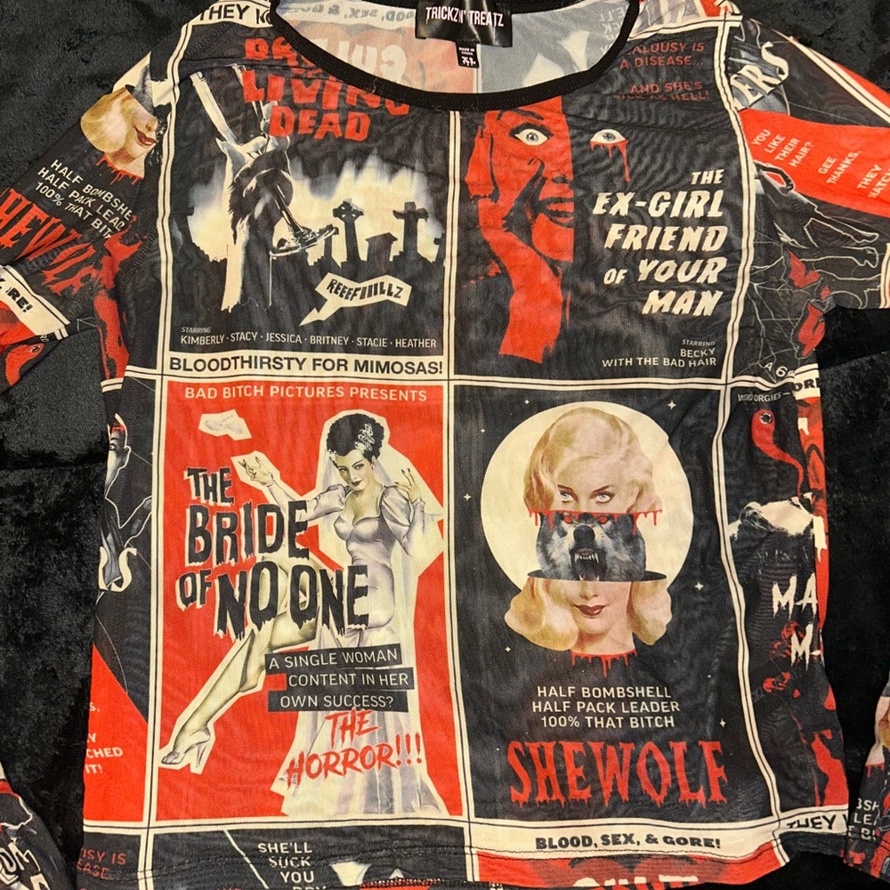 Dollskill Graphic Horror Movie Poster Long Sleeve sheer Shirt